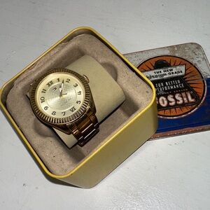 Vintage Tommy Hilfiger gold watch Fossil tin box